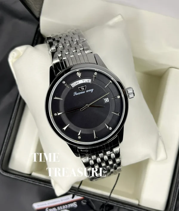 SUCCESS WAY day date Silver Black Stainless Steel